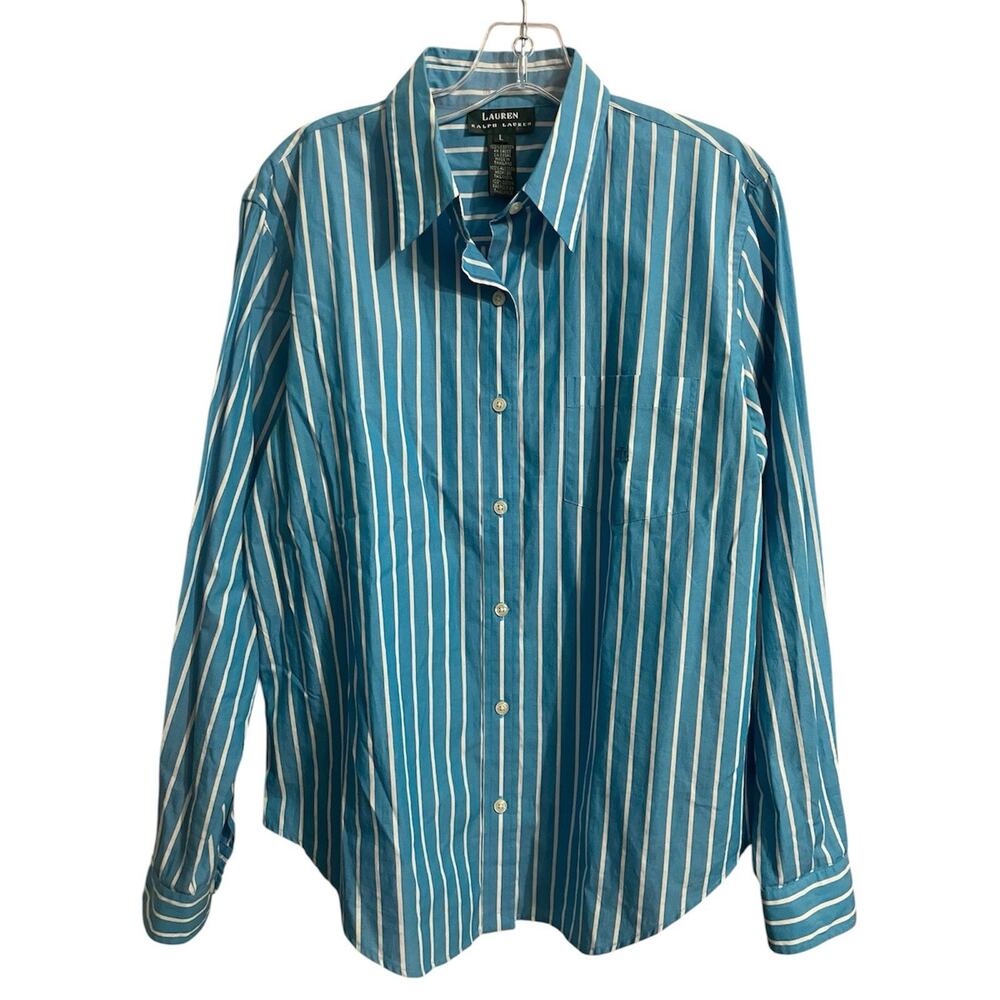 Vintage Lauren Ralph Lauren Blue Striped Cotton Button-Down Blouse Size L Large
